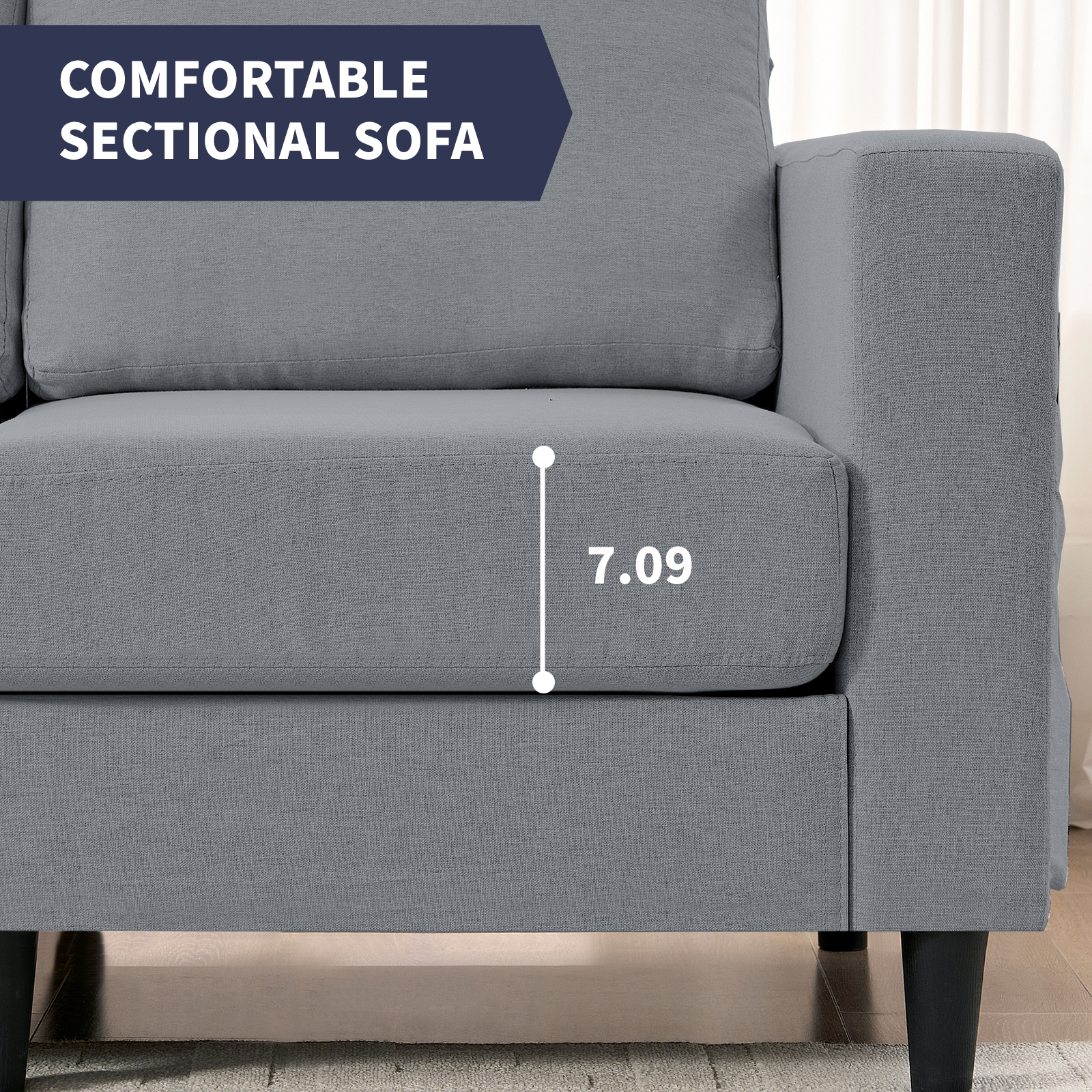 ZAFLY L-Shaped Couch, Sectional Corner Couches and Sofas with Linen Fabric for Living Room -  Light Grey
