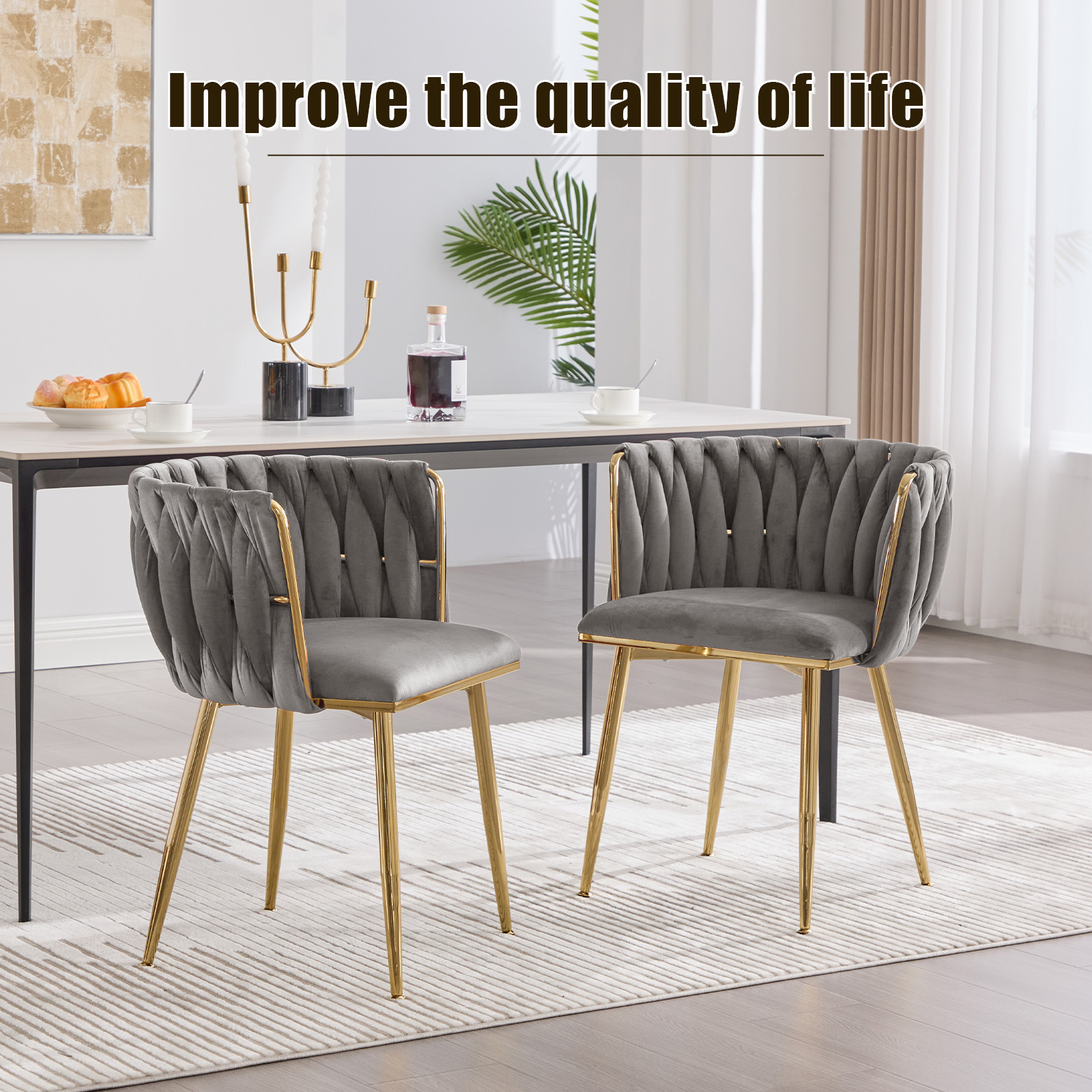 MOONMISS Velvet Upholstered Tufted Wood Frame Side Dining Chair with Golden Legs（set of 2）-Gray