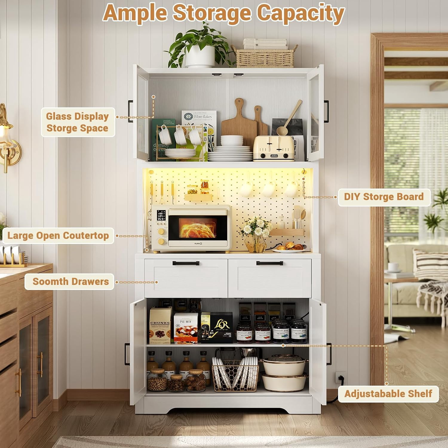 71" Tall Pantry Cabinet with Outlets and LED Light, Homieasy 5-Layer Storage Cabinet with 2 Drawers and DIY Pegboard for Kitchen, Dining, Living Room, Garage, White