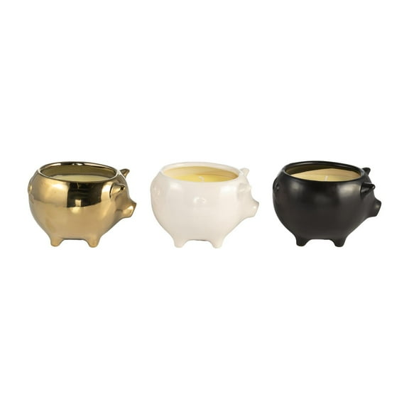 Sagebrook Home Set of 3, 7" 9oz Pig Soy Scented Candle, Gold/Black/White
