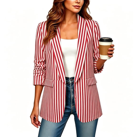 Striped Blazer Cardigan For Women, Business Casual Open Front Knit Blazer Jacket With Pockets, Professional Work Office Outfit, Trendy Plaid Suit Jacket Red XL