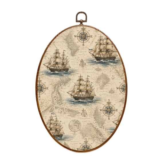 Canvas Wall Art Steamship Nautical Map Sailing Ships Compass Rose Vintage Maps Ocean Oval Framed Canvas Prints Vintage Wall Hanging Decor for Home Decorations 8.6"x11.4"