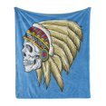 thumbnail image 1 of Tribal Soft Flannel Fleece Throw Blanket, Dead Skull with Feathers Tattoo Folk Aztec Pattern, Cozy Plush for Indoor and Outdoor Use, 70" x 90", Violet Blue Cream Pearl, by Ambesonne, 1 of 6