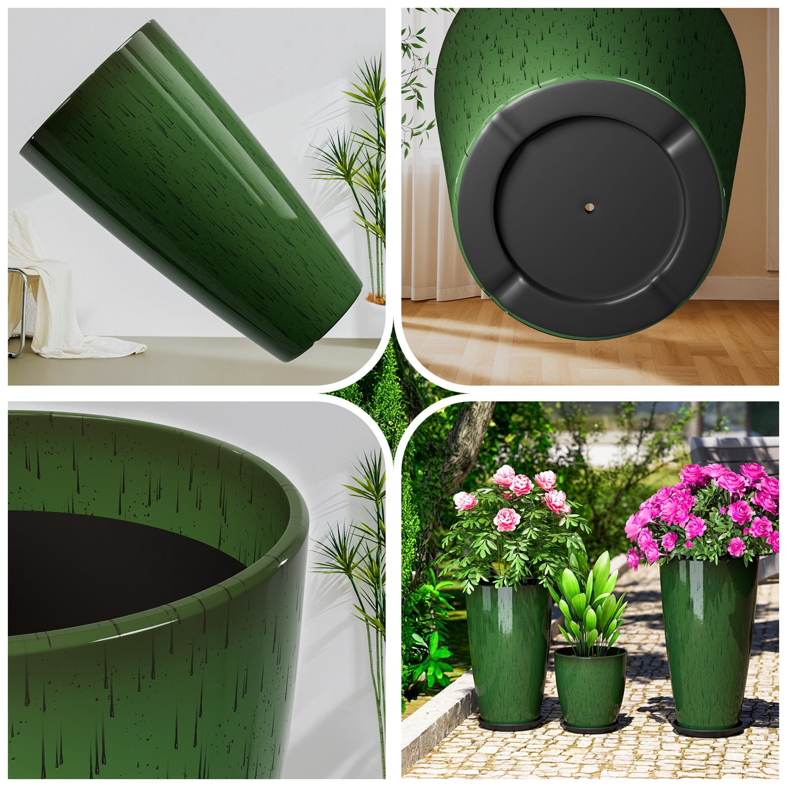 24,21,10 inch Large Planter for Indoor & Outdoor Plants, Set of 3, Sturdy Plant Flower Pots Modern Decor for Front Porch Patio,Green