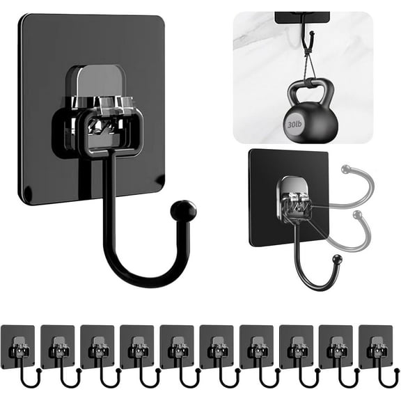 Adhesive Wall Hooks, Black, Pack of 10 - Waterproof, Rustproof Bathroom Hooks, Up to 30lb(Max). Ideal for Hanging, Suitable for Bathroom, Kitchen, Home, Ceiling and Window