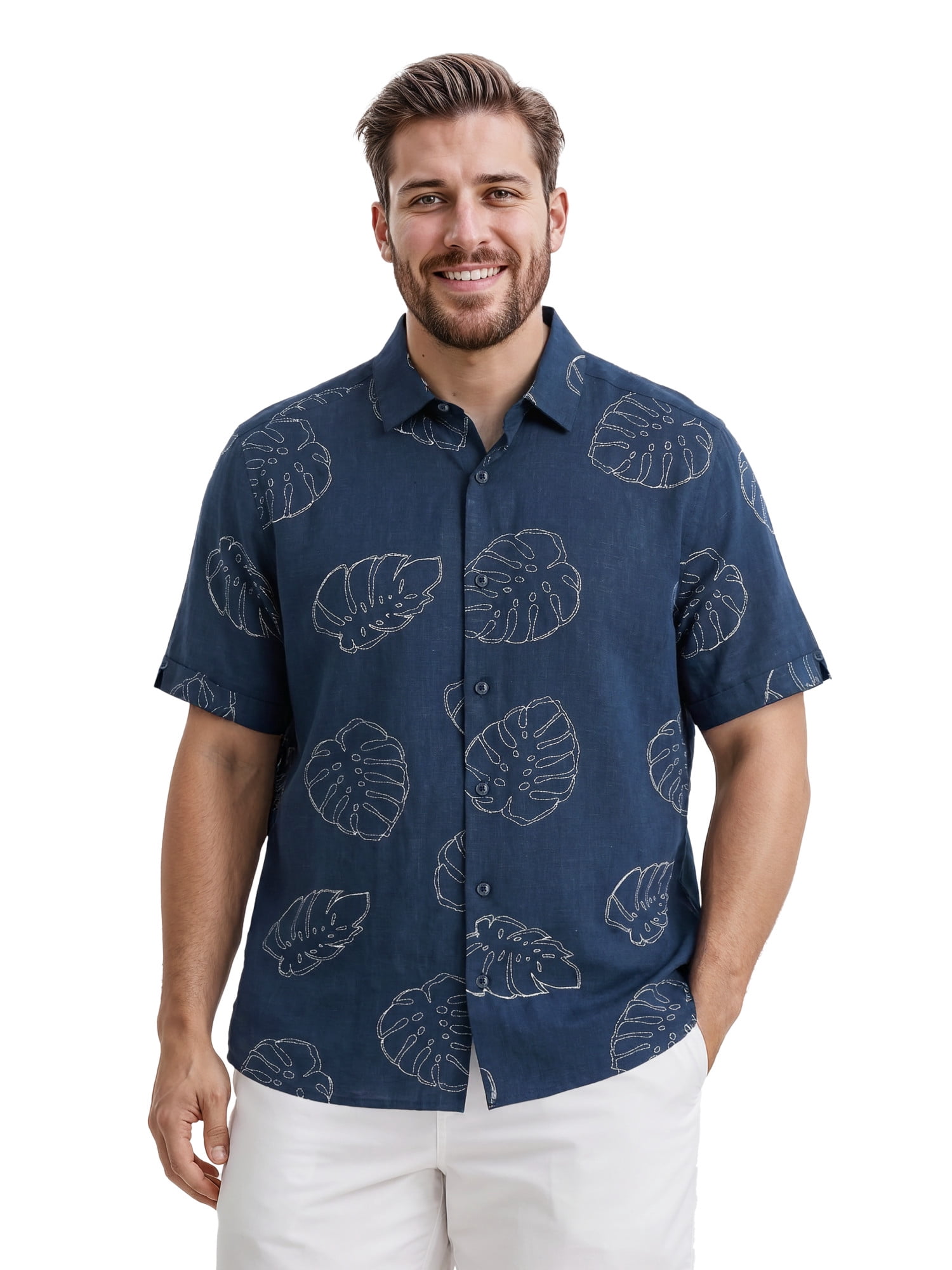 Cafe Luna Men’s and Big Men’s Embroidery-Look Allover Print Linen-Cotton Short Sleeve Button-Down Shirt, S-5XL