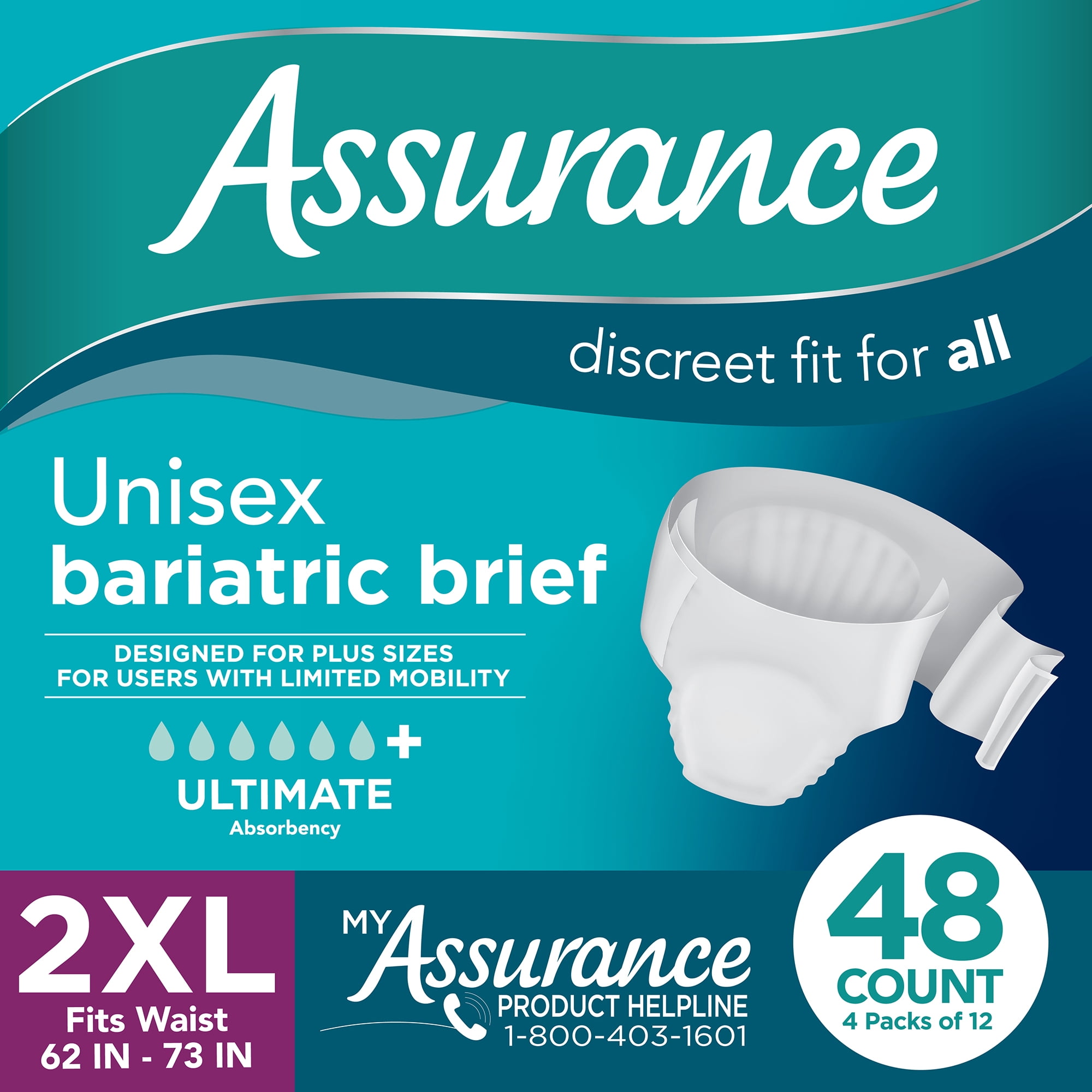 Assurance Unisex Bariatric Briefs, Ultimate Absorbency, XXL, (48 Count)