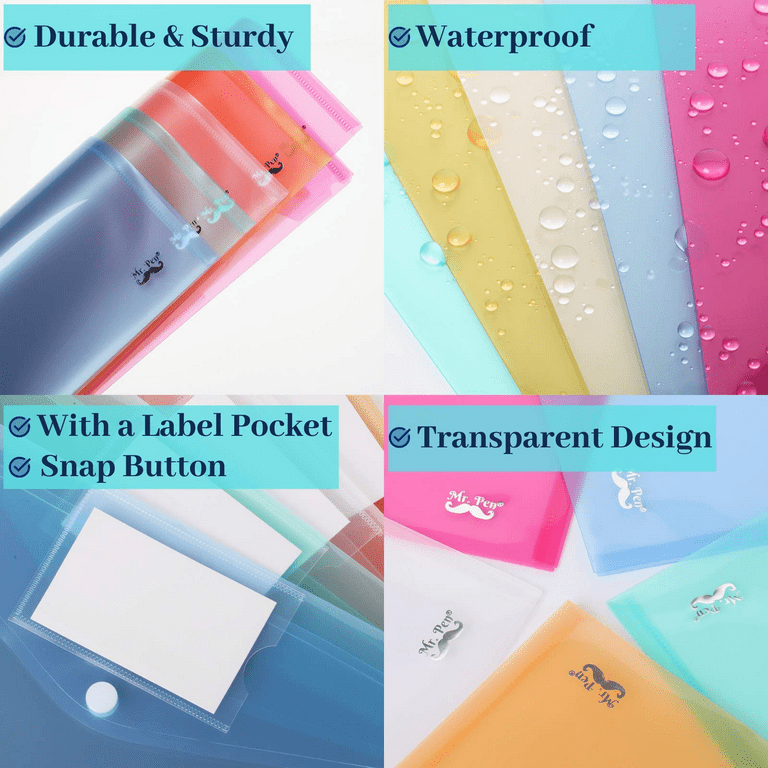  Sooez 10 Pack Plastic Envelopes Poly Envelopes, Clear Document  Folders US Letter A4 Size File Envelopes with Label Pocket & Snap Button  for School Home Work Office Organization, Clear 