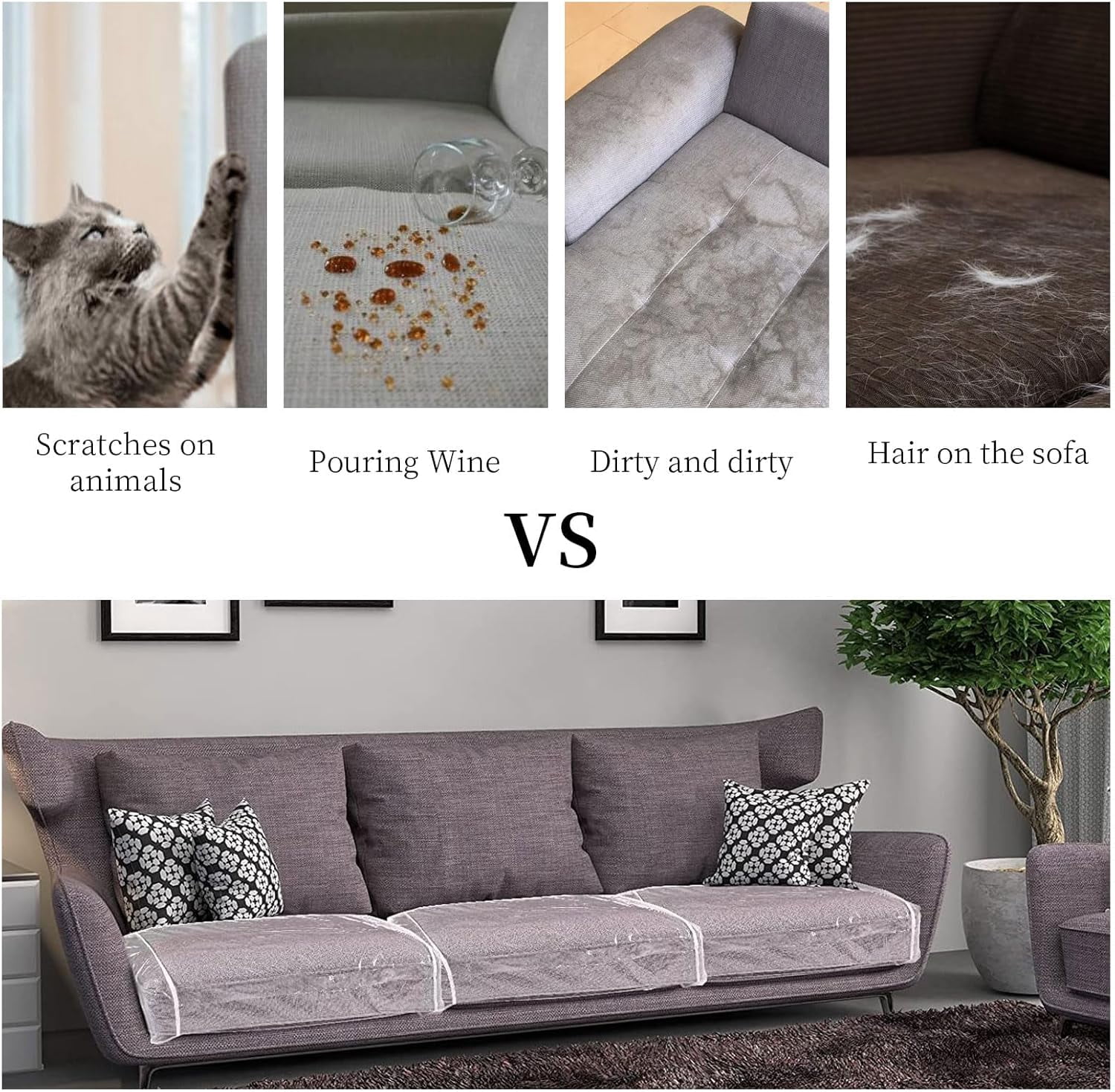 4 Pcs 27.5x25.5x8.6 Inch Plastic Sofa Seat Cushion Covers, Clear Waterproof Sofa Couch Covers, PVC Waterproof Couch Covers, Furniture Sofa Seat Slipcover for Against Pets Clawing Scratching