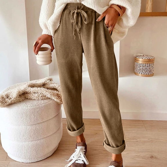Corduroy Pants for Women Elastic High Waist Trousers Straight Leg Ribbed Bottoms with Pockets Casual Lounge Streetwear