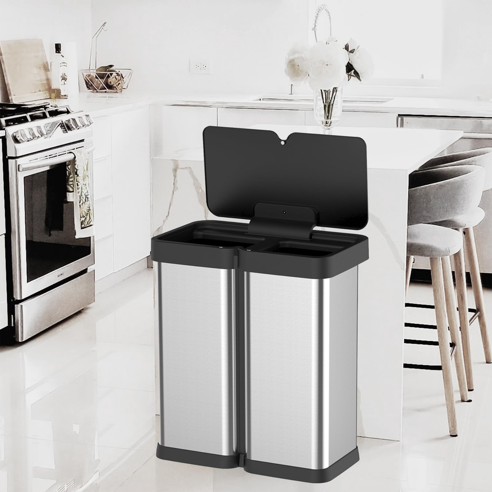 16 Gallon Automatic Motion Sensor Trash Can,Dual Compartment Stainless Steel Garbage Can,2-in-1 Recycling & Waste Bin with Hands-Free Lid for Kitchen,Living Room,Office