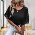 thumbnail image 2 of Top de manga de pétalo para mujer, camisa de empalme de malla con cuello redondo, Top informal suelto de Color puro, negro S, 2 of 6