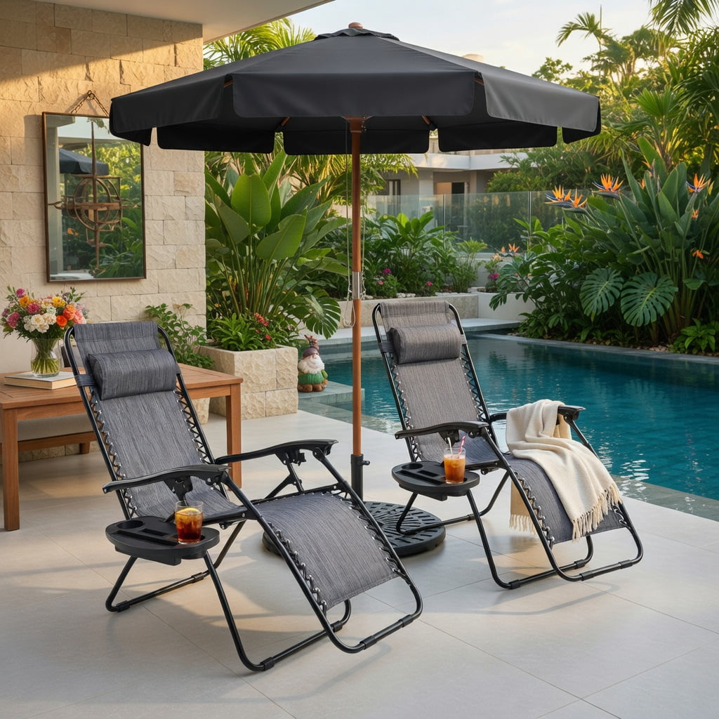 Hommoo 2-Pack Zero Gravity Folding Lounge Chairs with Adjustable Headrests, Breathable Waterproof Fabric, Heavy-Duty Steel Frame, Gray