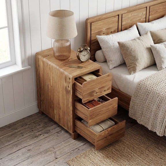 TRIBEWOOD Solid Wood Nightstand with 3 Drawers, Rustic Bedside Table for Bedroom