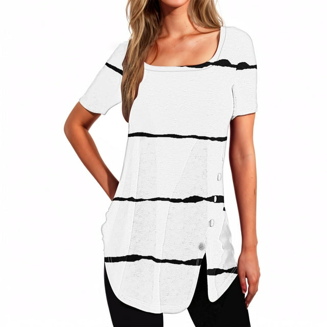 Plebaso Tunique à Manches Courtes Col Carré pour Femmes T-Shirts Décontractés Rayés Amples Été