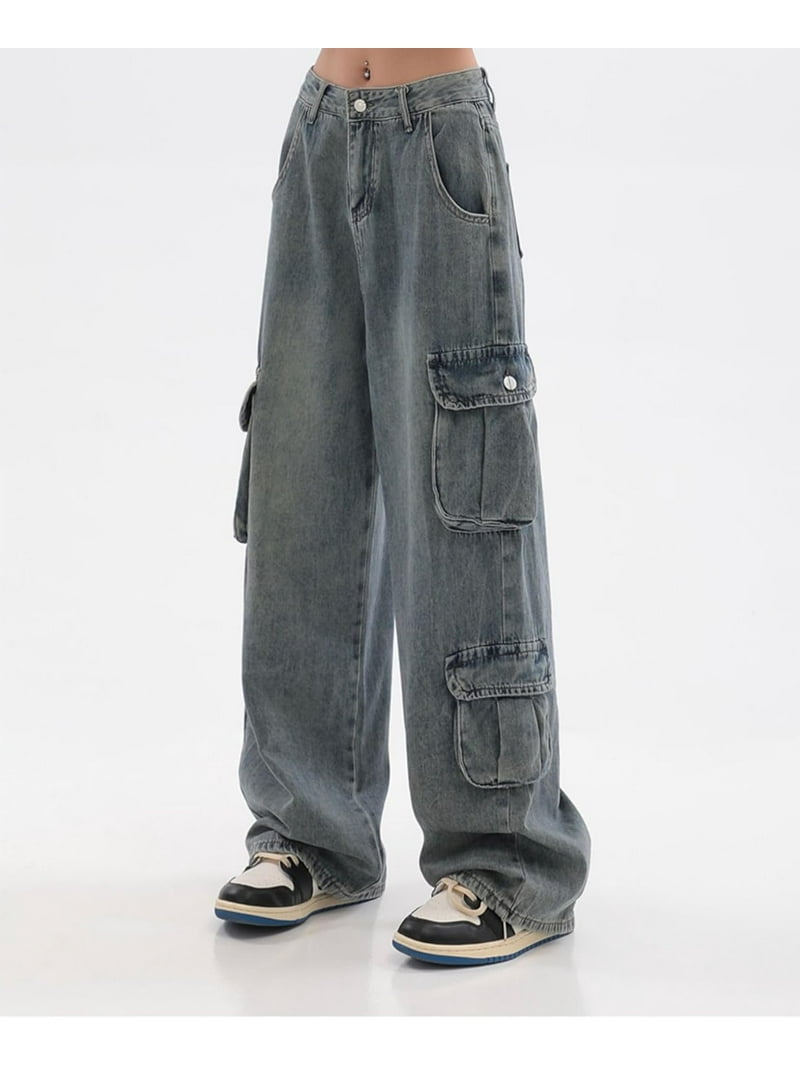 Kukuzhu Baggy Jeans Y2K Emo Denim Pant with Side Pocket