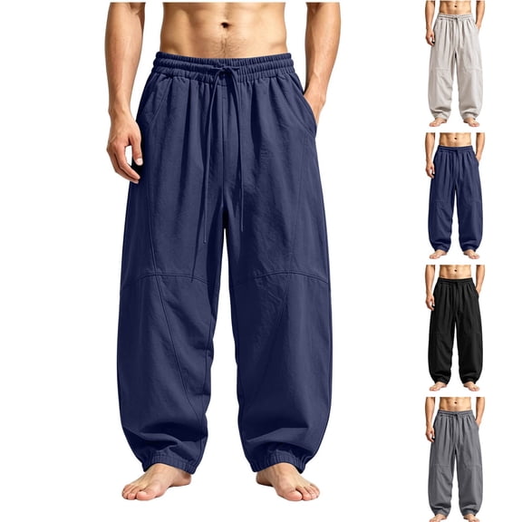 Zynoxe Mens Plus Size Baggy Pants Trendy Streetwear Loose Fit Elastic Waist Drawstring Casual Pants with Pockets Breathable Versatile Sweatpants Navy M