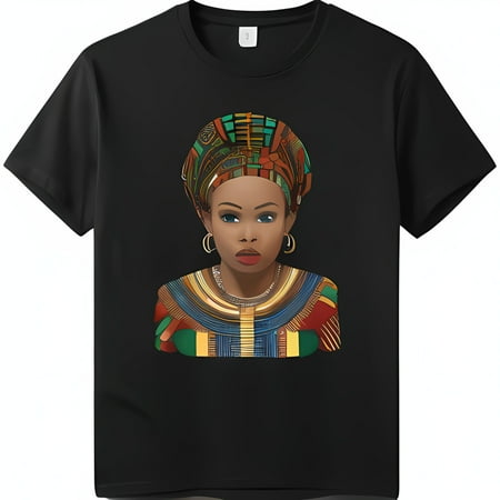 Vibrant African Woman Graphic Black T-Shirt: Traditional Attire Gold Jewelry Intricate Patterns Art Design for Stylish Look