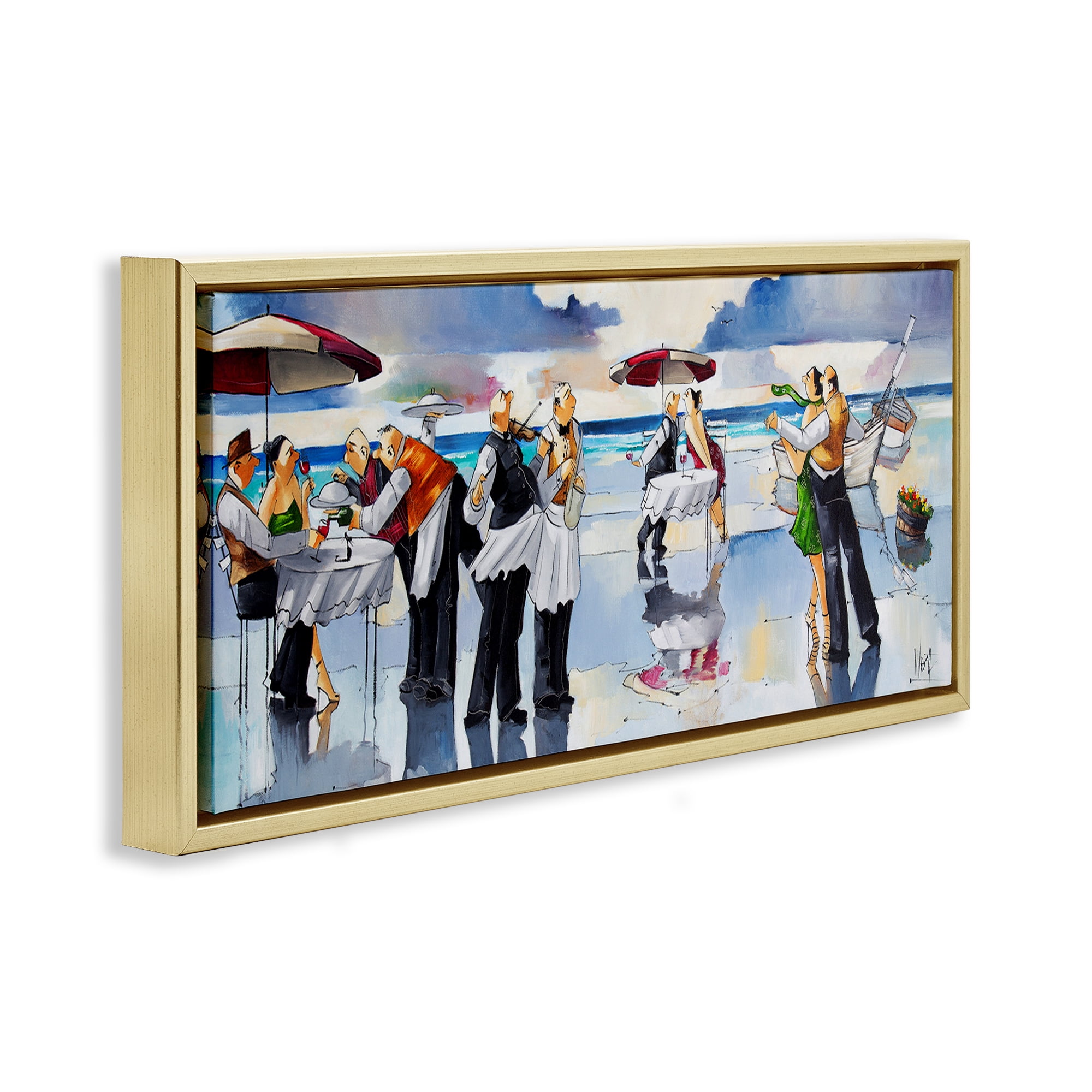 Stupell Industries Fancy Dinner on Beach Novelty Painting Gold Floater Framed Canvas Art Print Wall Art, 31 x 14