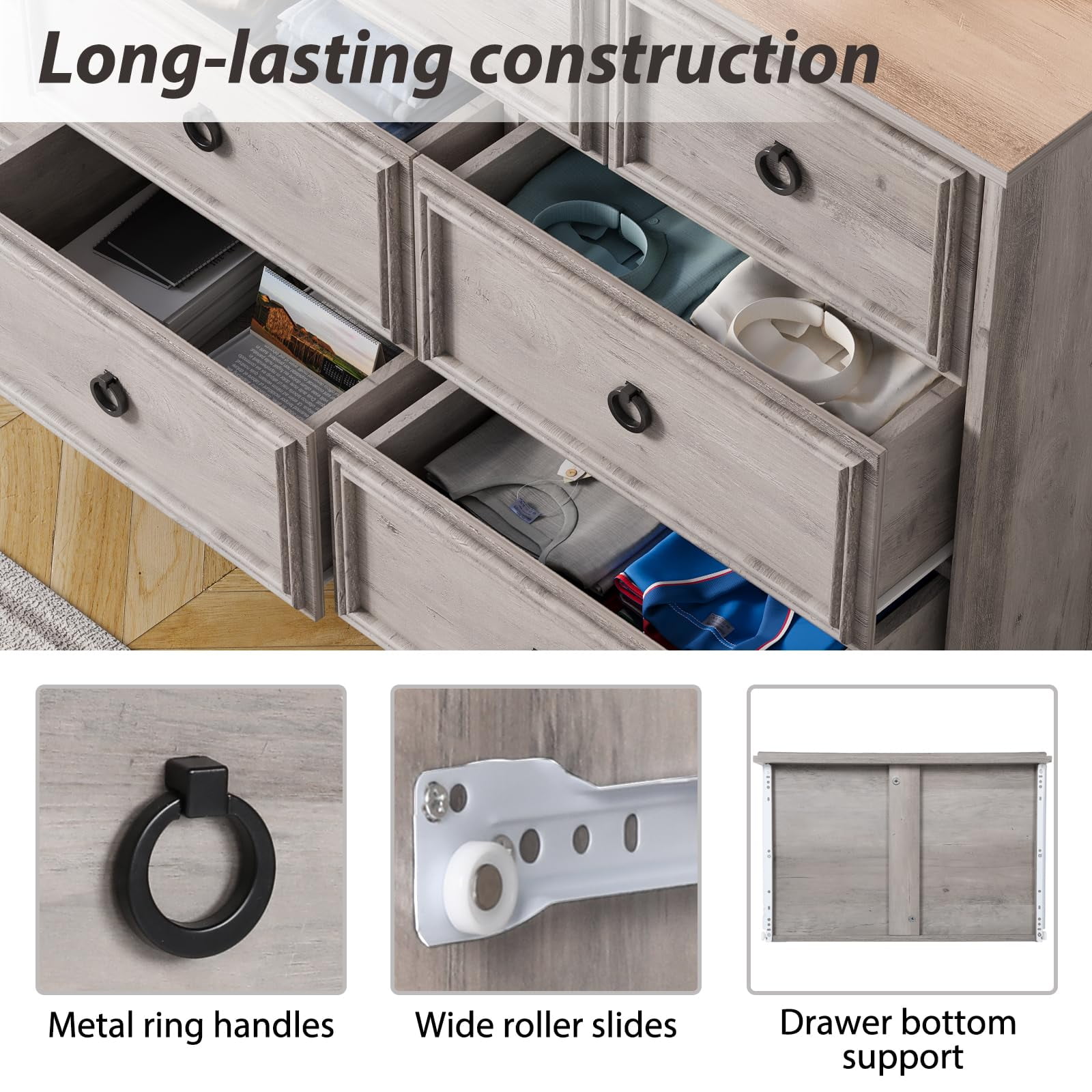 LGHM 10 Drawer Dresser for Bedroom, Dresser TV Stand, Chest of Drawers for Storage and Organization, Gray