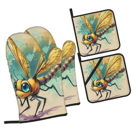 

Balery Cartoon Dragonfly Art Pattern Oven Mitts and Pot Holders 4 pcs Set Kitchen Oven Glove High Heat Resistant 500℉ Oven Mitts with Non-Slip Silicone Surface