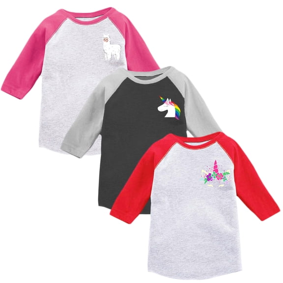 Toddler Girls Raglan Baseball Shirt Raglan Shirt Kids Girls Baseball Tee 2T Clothes 3T Outfits 4T T shirts 5T Shirts Llama Unicorn - Pack of 3