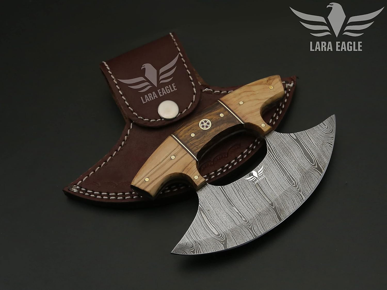 Lara Eagle Damascus Steel Ulu Knife, Celtic Knot Handle made of Exotic Rose Wood and Olive wood, 6 inch blade One-Handed Rocker Knife with Leather Sheath