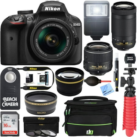 Nikon D3400 24.2MP DSLR Camera w/ AF-P 18-55 VR & 70-300mm Dual Lens Accessory Bundle (Black) - (Manufacturer Refurbished)