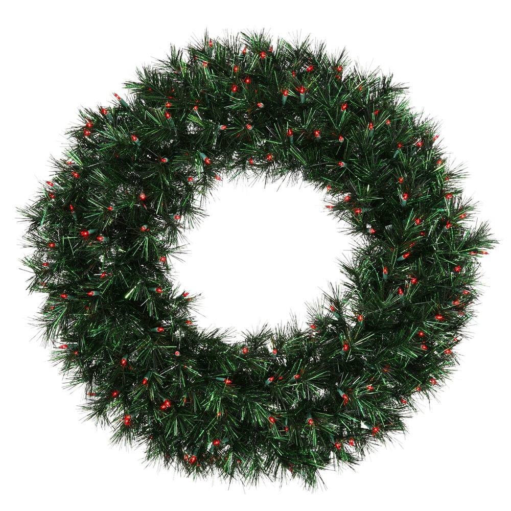 36" Pre-lit Midnight Green Pine Christmas Tinsel Wreath - Red Dura Lights