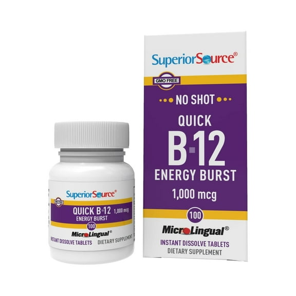Superior Source NO SHOT Quick Energy Burst B-12 1,000 mcg - Premium Nervous System Support Supplement - Non-GMO & Gluten-Free - 100 MicroLingual Instant Dissolve Tablets