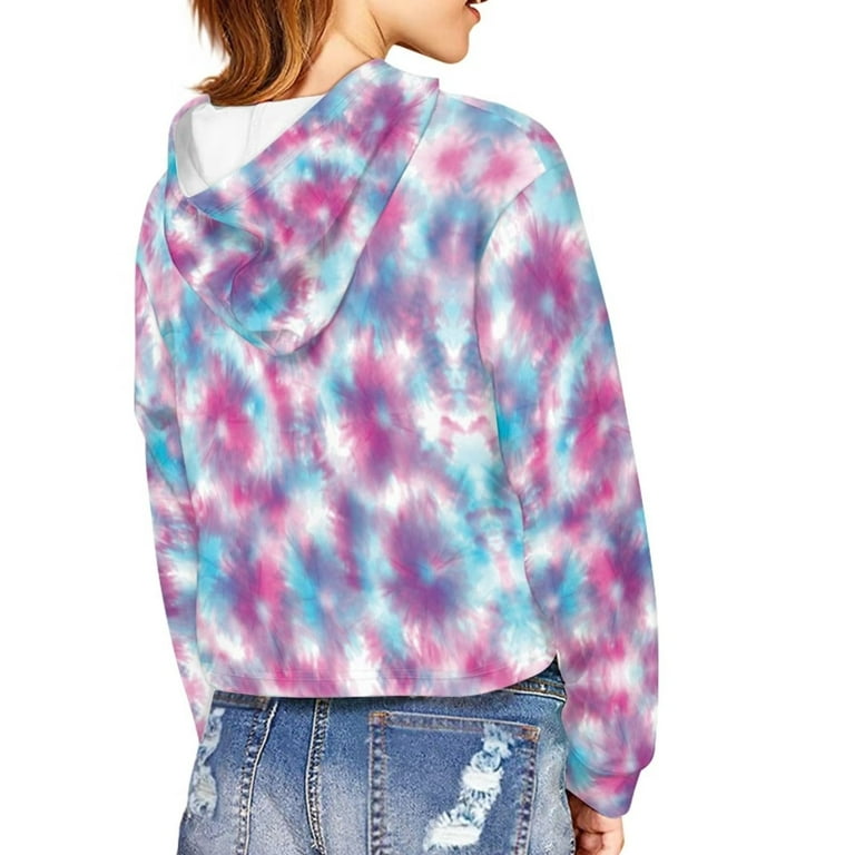 Renewold Age 9 10 Teen Girls Hoodie Cropped Purple Blue Tie Dye Hoodies Long Sleeve Crop Tops Pullover Sweatshirts Loose Comfy Short Blouse School