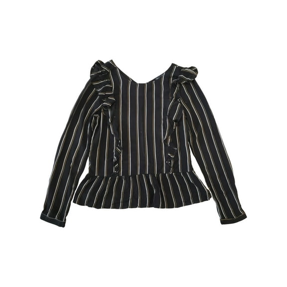 Womens Black White Mustard Stripe Ruffled Long Sleeve Top Shirt Blouse M