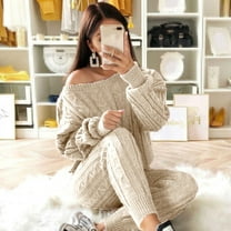 Frostluinai Cable Knit Sets Two Piece Women Off Shouler Long Sleeve Pullover Slim Fit Knit Pants Plus Size Solid Loungewear Sets Womens Sweaters