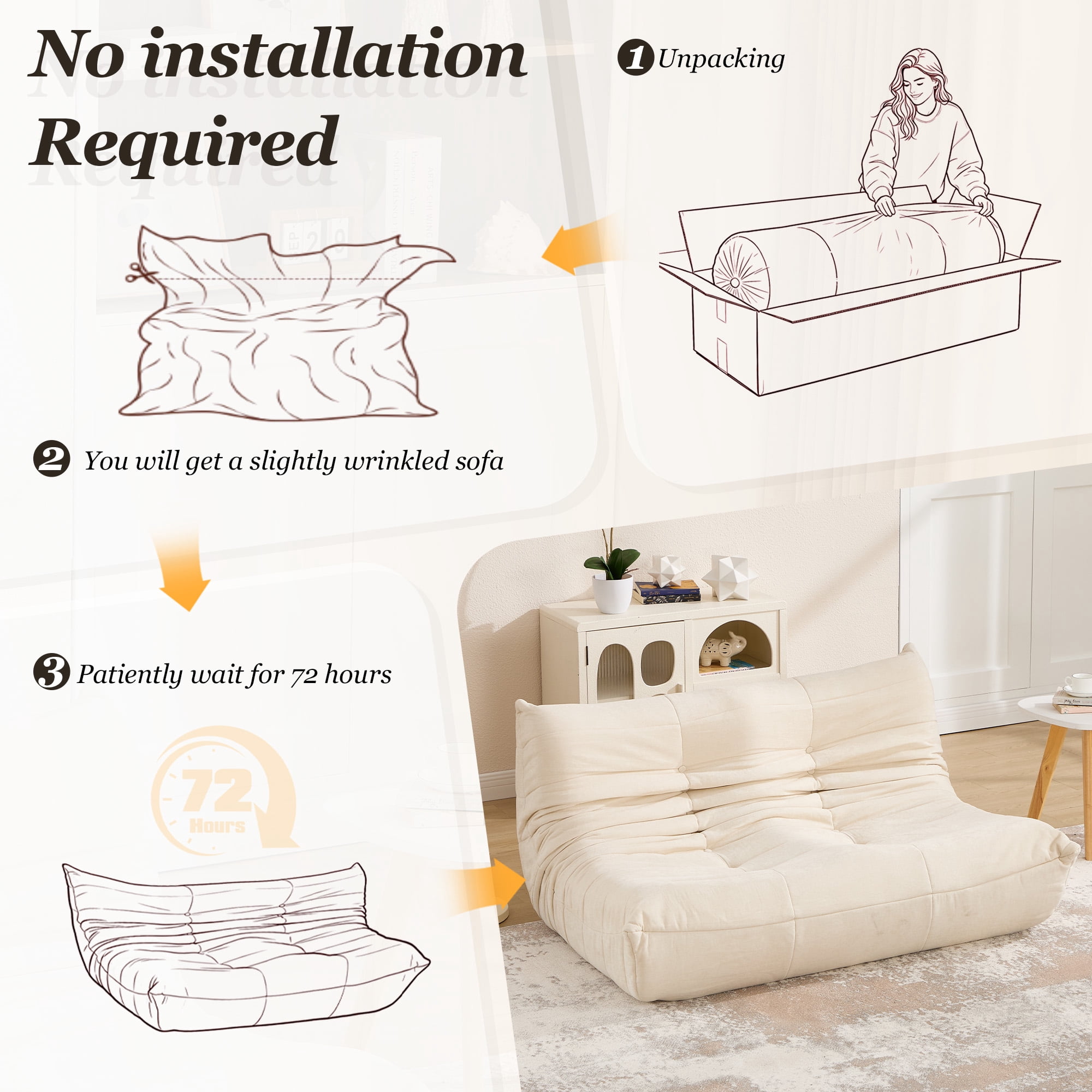 MOONMISS 53.14" Chenille Upholstered Oversized Lazy Sofa, 2-Seater Floor Sofa,Deep Seat Floor Bean Bag Loveseat for Cozy Home Decor, Beige