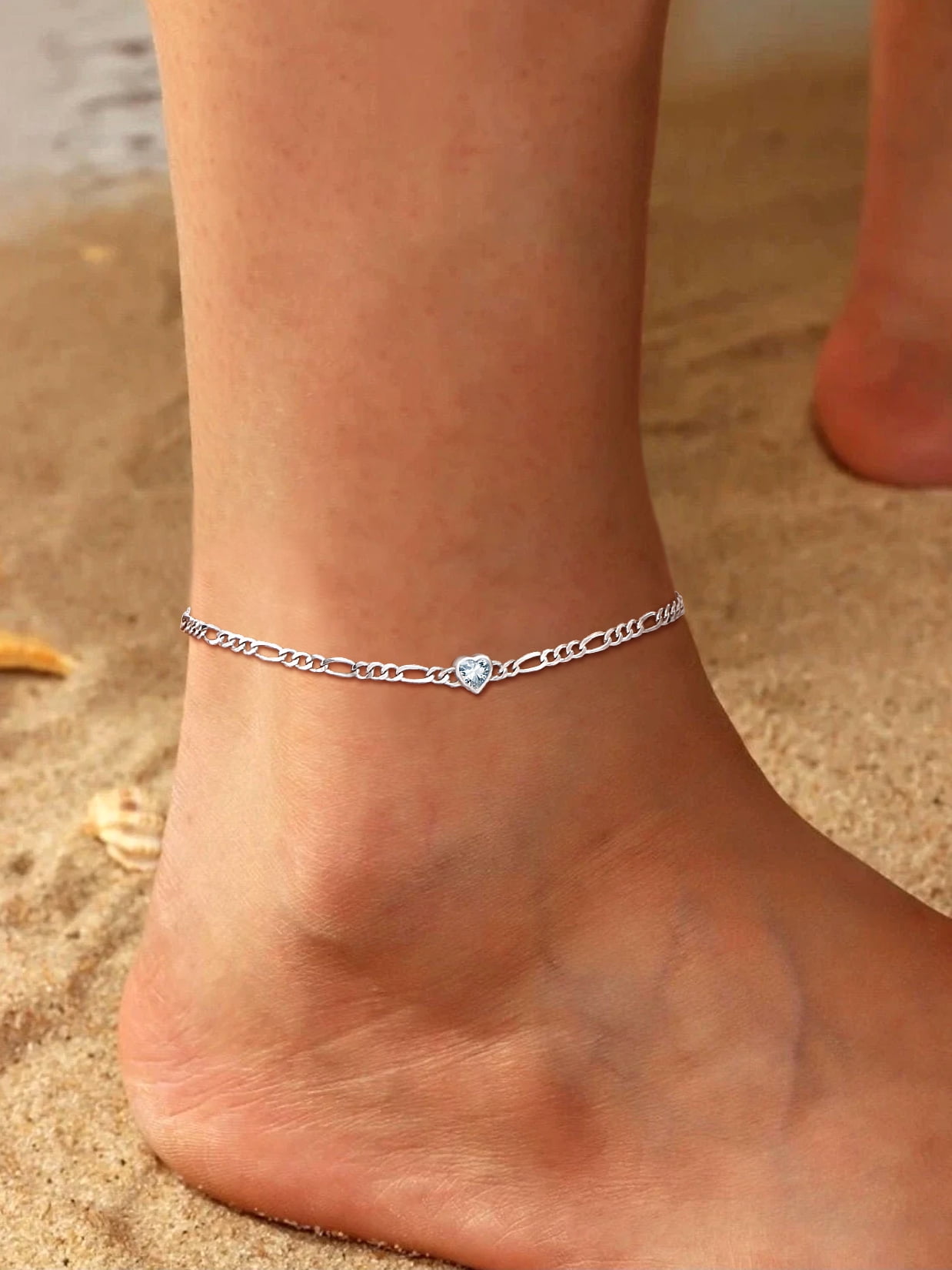 U7 Heart Anklet Bracelet for Women April White Diamond Sterling Silver Figaro Anklet Charming Summer Jewelry Gift Beach Foot Chain for Daughter