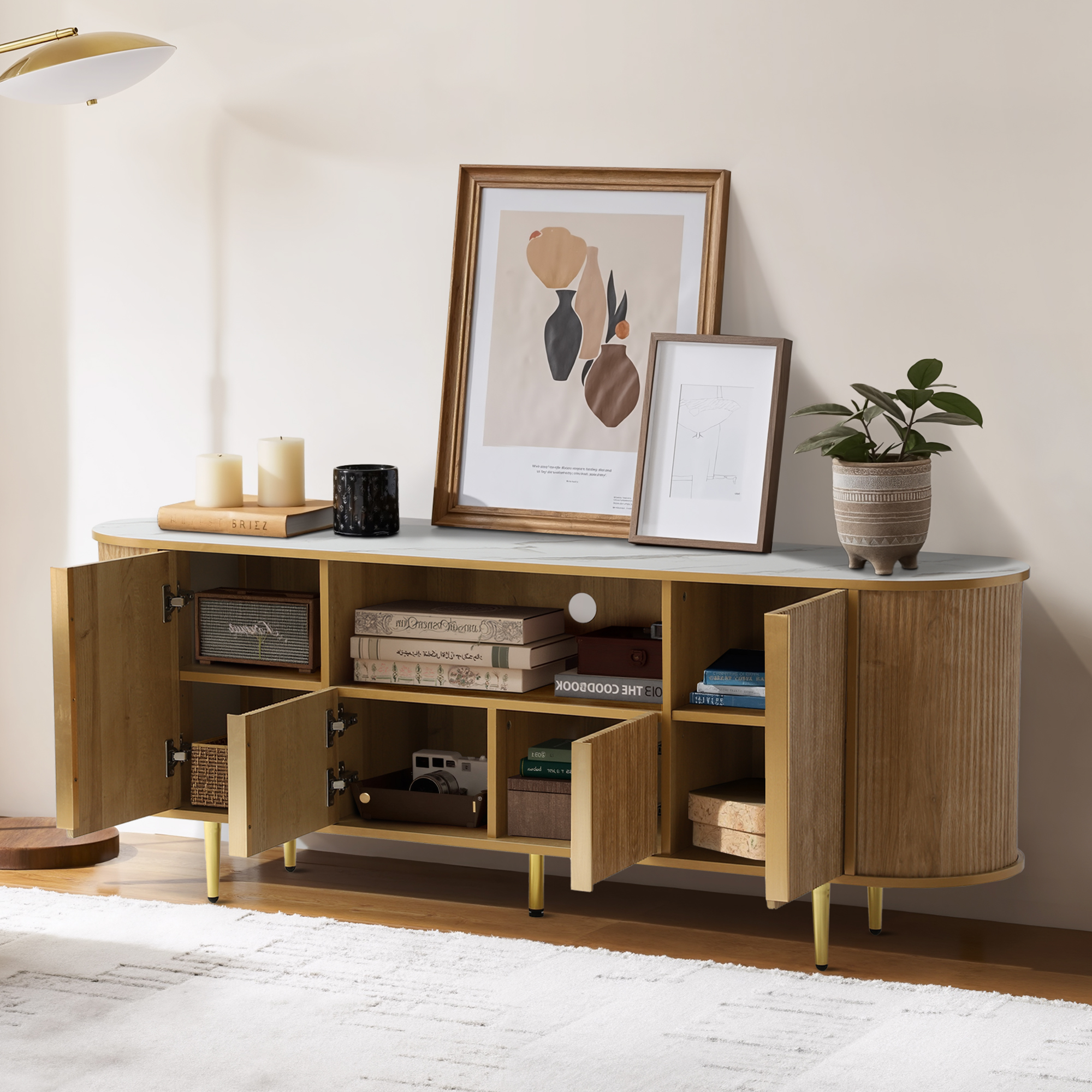 Magic Union 63" TV Stands, Fluted Modern Mid Century Entertainment Center Console for 55/60/65/70/75 inches TVs, Curved TV Stand with Open Storage & Side Cabinets, Living Room, Bedroom furniture