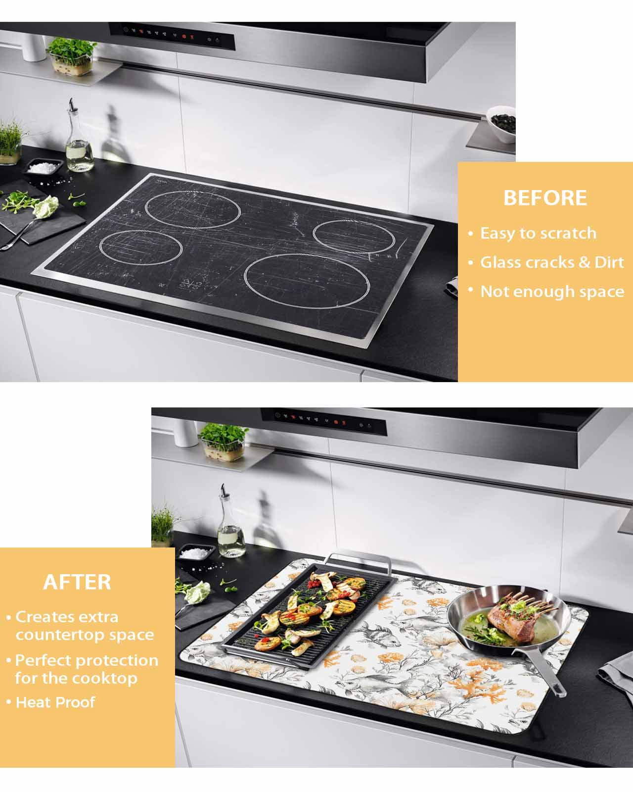 nqOlkjepod Large Induction Cooktop Protector Mat 36"x21", Orange Gray Coral Stove Top Covers for Electric Stove, Summer Beach Coastal Ocean Fish Stove Burner Cover Mats, Glass Top Stove Cover
