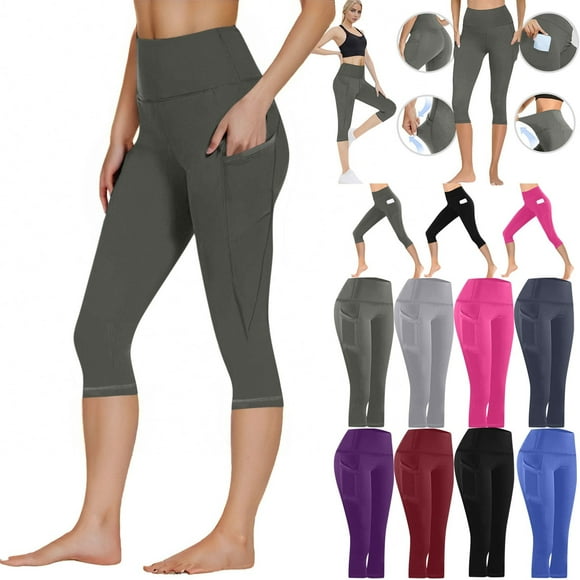 Jinhomg Women's Capri Leggings with Pockets Stretch Comfy High Waisted Capris Casual Knee Length Yoga Pants Plain Solid Workout Exercise Outfits Black L