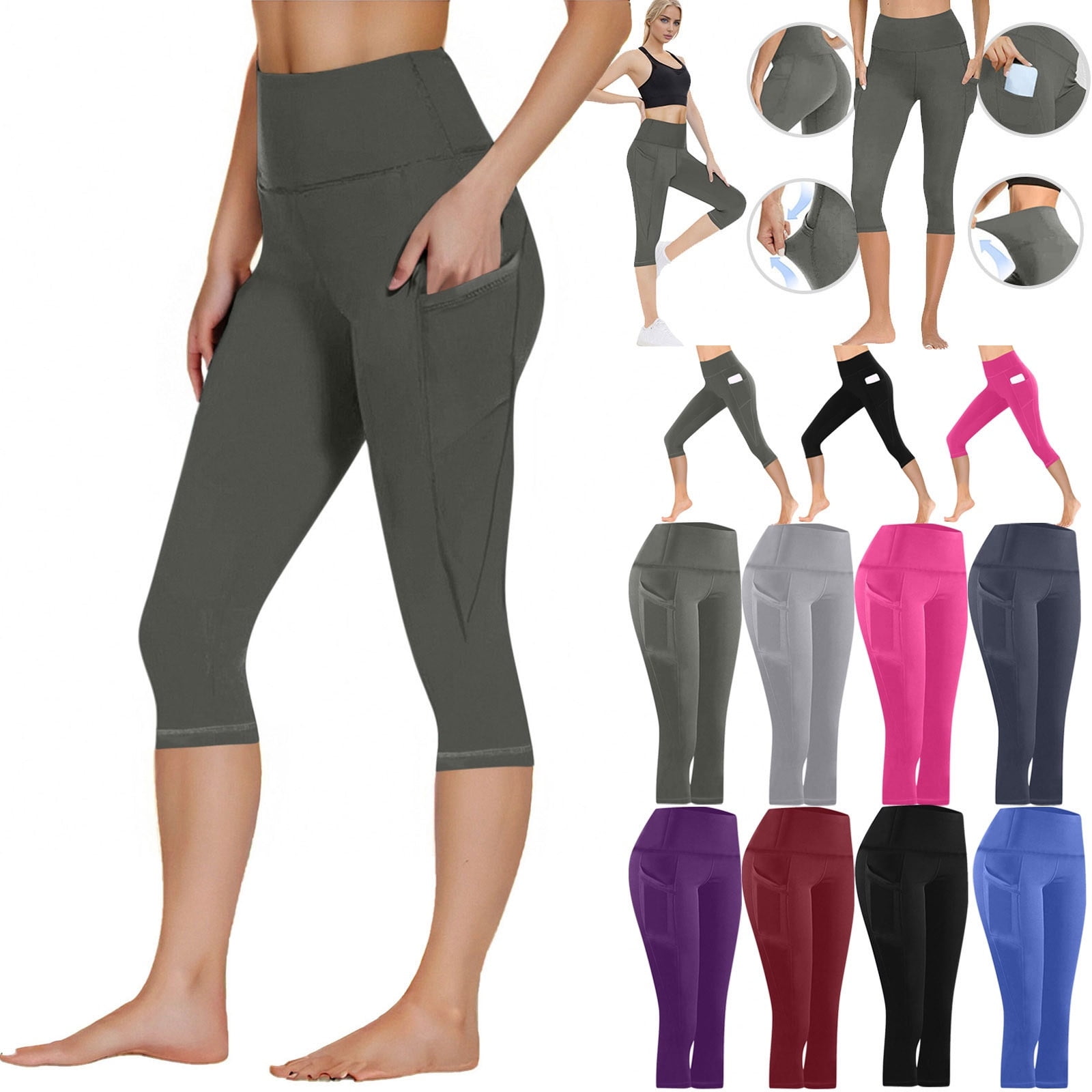 Kvture Capri Leggings for Women with Pockets Tummy Control Butt Lifting Yoga Pants High Waisted Stretch Workout Running Leggings Wine L