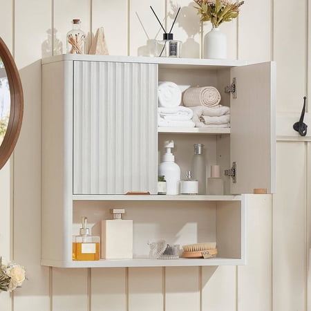 Fluted Wall-Mounted Bathroom Cabinet with Adjustable Shelf and Doors, Floating Storage Cabinet for Above Toilet, Kitchen, or Living Room (White)
