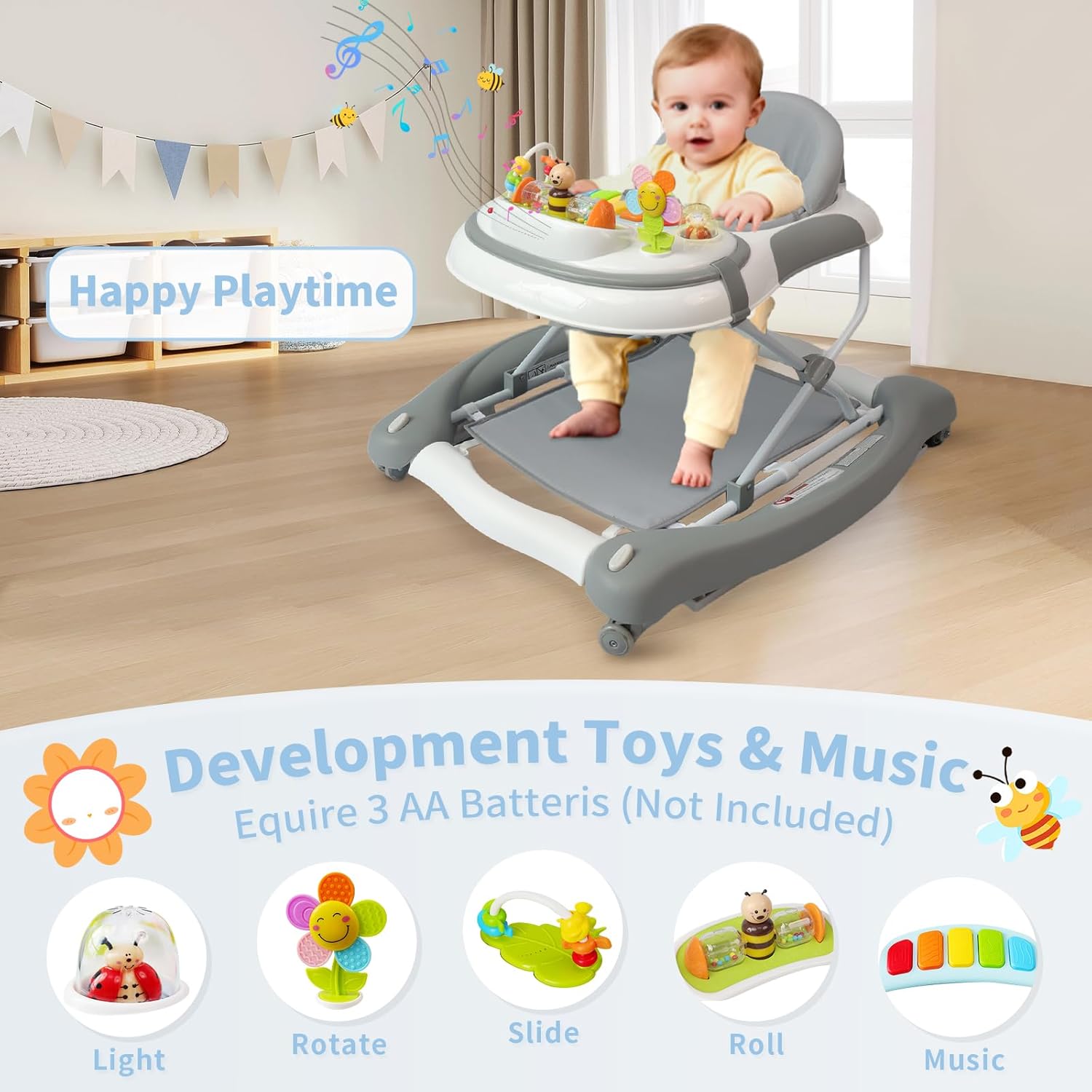 5 in 1 Baby Walker (Walk,Jumper,Rocking,Push,Eating Mode) for Boys Girls,Foldable,Music & Light,Height Adjustable,Wheels for Infant Babies,Grey