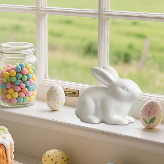 SHENGXINY Easter Bunny Mini White Ceramic Figurine - Living Room Bedroom Tabletop Ornaments Easter Decorations Home Accent Decor White 4x2.8in