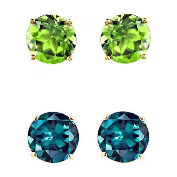 14k Yellow Gold 1Ct Created Peridot and Alexandrite 2 Pair Round Stud Earrings Women Plated by Paris Jewelry