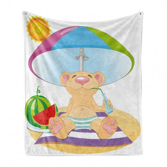 Cartoon Soft Flannel Fleece Throw Blanket, Bear on the Beach Sunbathing Summer Day with Watermelon Children Cheerful Design, Cozy Plush for Indoor and Outdoor Use, 50" x 60", Multicolor, by Ambesonne