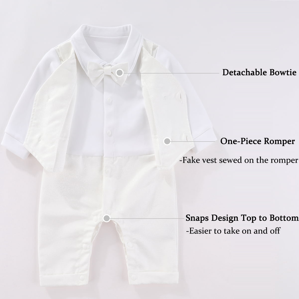 Hresadio Baby Boy Baptism Long Sleeve Christening Outfits Romper , White/Sizes Newborn-18 Months