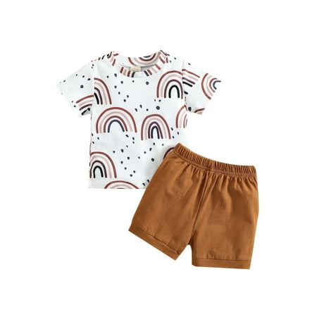 

Calsunbaby 2Pcs Toddler Baby Boys Girls Outfits Summer Rainbow Printing Short Sleeve Tops + Elastic Waist Shorts White 12-18 Months