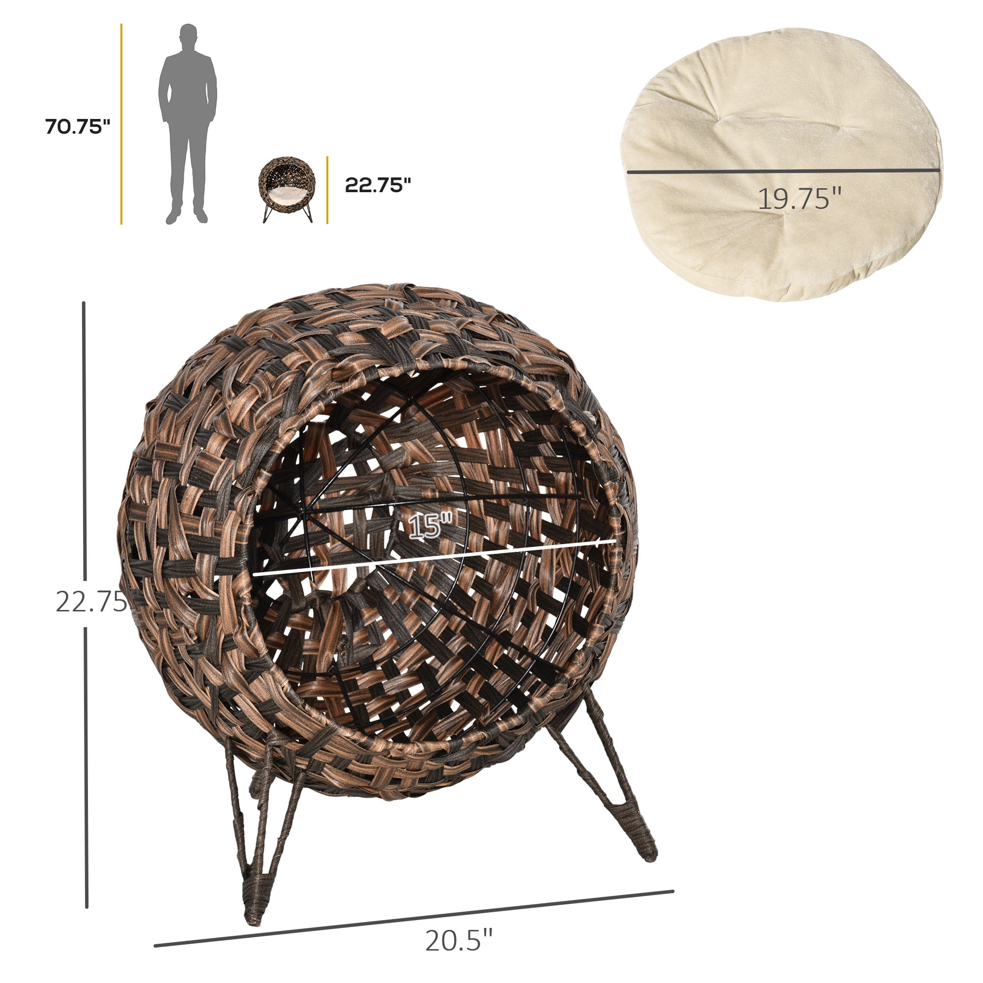 Elevated Hand-Woven Banana Leaf Cat House, Brown Wicker Cat Condo with Soft Cushion, Metal Tripod Base, Ventilated Enclosed Cat Bed for Cats Under 11 lbs