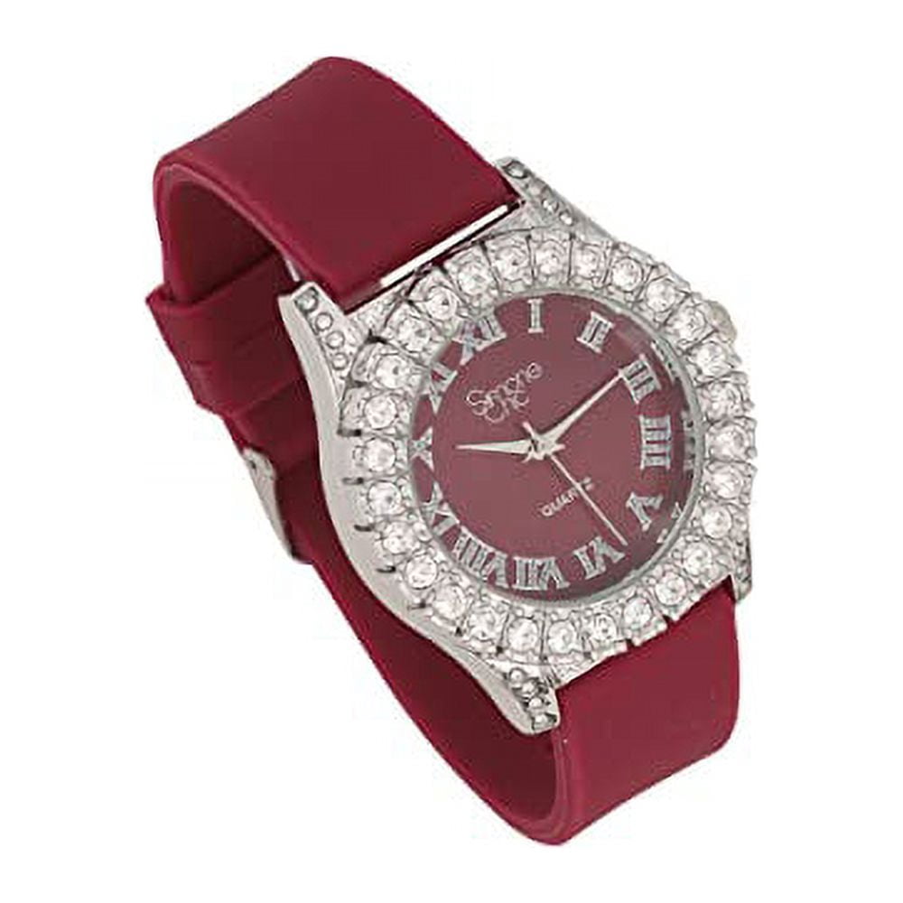 Simone Chic. Women's Big Rocks Fully Iced Bezel Colored Dial w/Easy Reader Roman Numerals Colorful Rubber Band Watch - ST10357LA (4pcSet SLV Plum Purple)