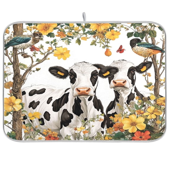 Dish Drying Mat for Kitchen Counter | Reversible, Super Absorbent & Hanging | 16x18 / 18x24 Inch (S/M)，Cows