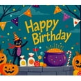 thumbnail image 4 of Halloween Themed Happy Birthday Banner Background with Pumpkins Candy Cauldron and Cat Party Supplies Photography Props Decorations for Birthday Parties Events and Celebrations, 4 of 8